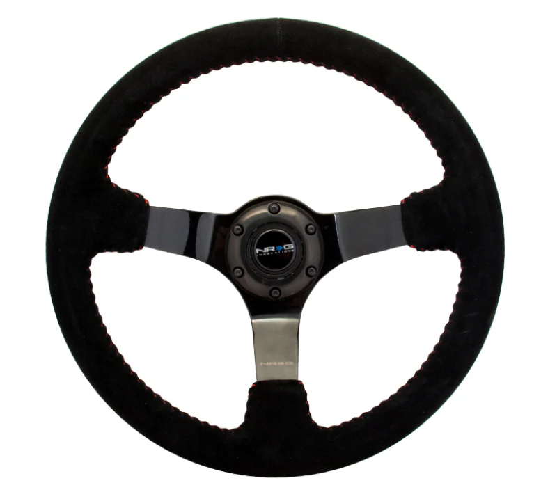 NRG Reinforced Steering Wheel (350mm / 3in. Deep) Blk Suede w/Red BBall Stitch & Black 3-Spoke - Image 2