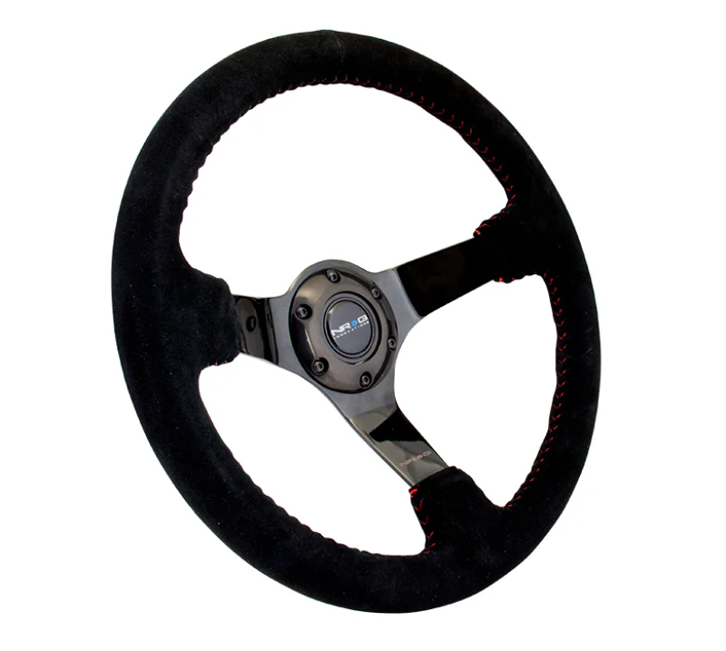NRG Reinforced Steering Wheel (350mm / 3in. Deep) Blk Suede w/Red BBall Stitch & Black 3-Spoke - Image 3