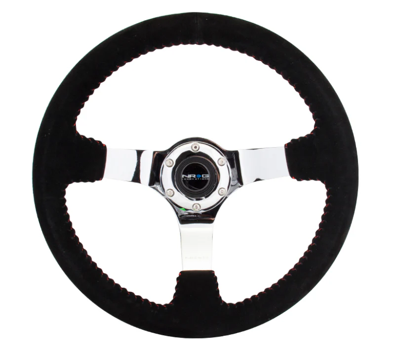 NRG Reinforced Steering Wheel (350mm / 3in. Deep) Blk Suede w/Red BBall Stitch & Chrome 3-Spoke - Image 2