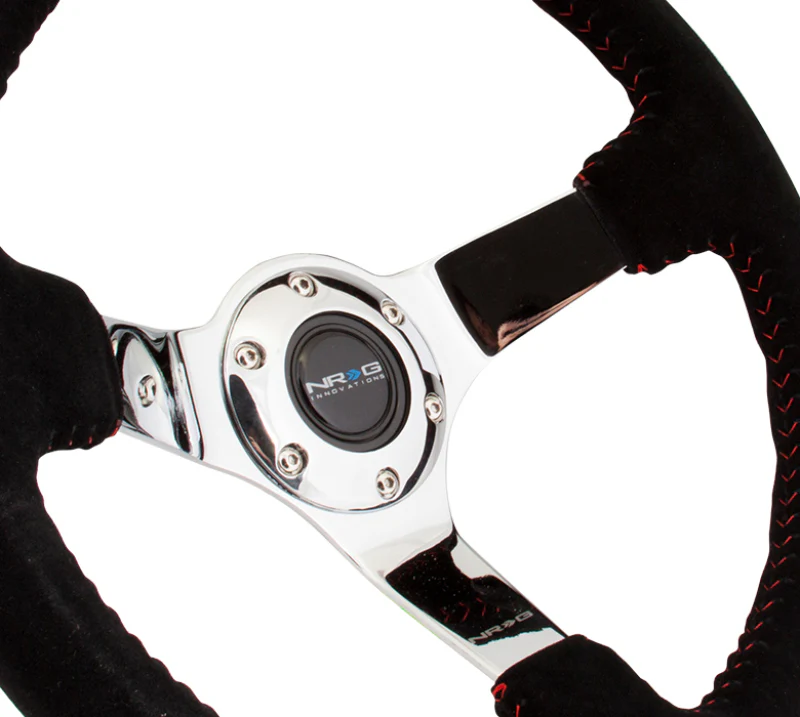 NRG Reinforced Steering Wheel (350mm / 3in. Deep) Blk Suede w/Red BBall Stitch & Chrome 3-Spoke - Image 3