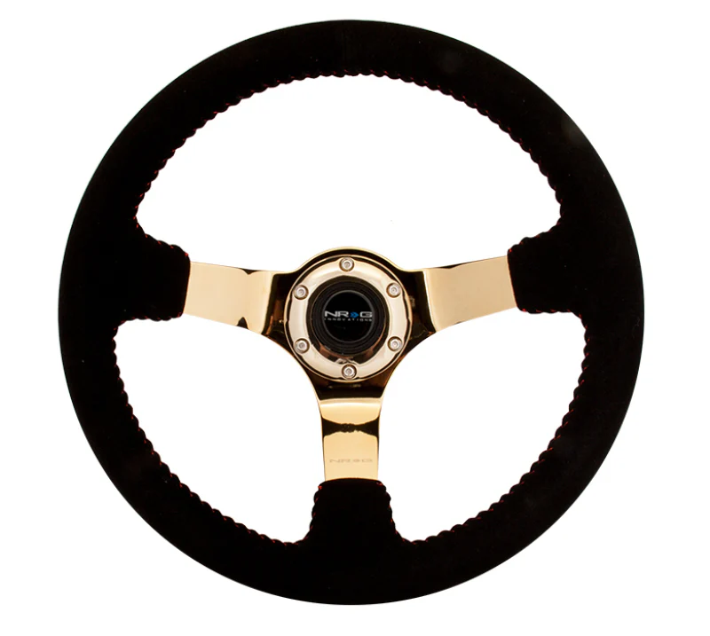 NRG Reinforced Steering Wheel (350mm / 3in. Deep) Blk Suede w/Red BBall Stitch & Chrome Gold 3-Spoke - Image 2