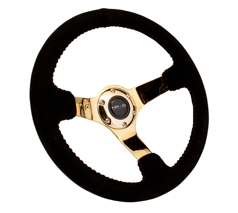 NRG Reinforced Steering Wheel (350mm / 3in. Deep) Blk Suede w/Red BBall Stitch & Chrome Gold 3-Spoke - Image 3