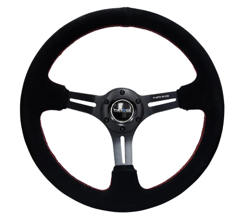 NRG Reinforced Steering Wheel (350mm / 3in. Deep) Blk Suede w/Red Stitching & 5mm Spokes w/Slits - Image 2