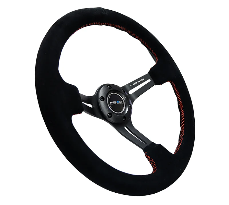 NRG Reinforced Steering Wheel (350mm / 3in. Deep) Blk Suede w/Red Stitching & 5mm Spokes w/Slits - Image 3