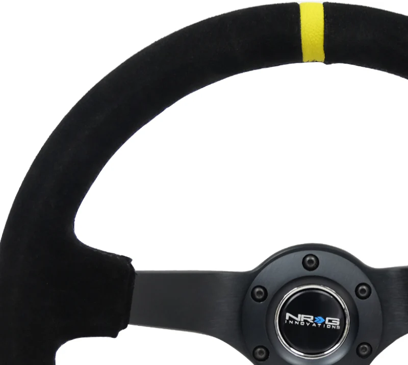 NRG Reinforced Steering Wheel (350mm / 3in. Deep) Blk Suede/X-Stitch w/5mm Blk Spoke & Yellow CM - Image 2