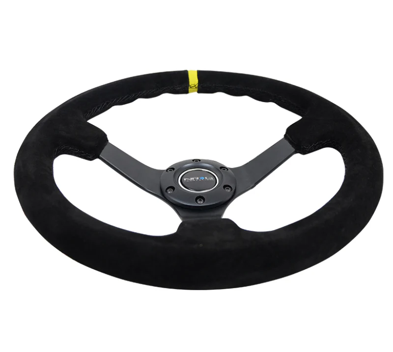 NRG Reinforced Steering Wheel (350mm / 3in. Deep) Blk Suede/X-Stitch w/5mm Blk Spoke & Yellow CM - Image 3