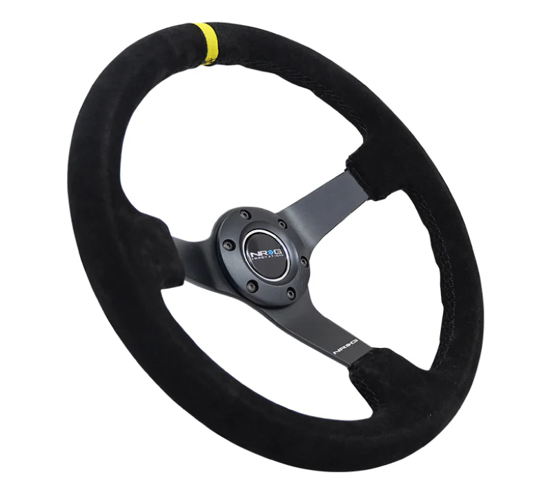 NRG Reinforced Steering Wheel (350mm / 3in. Deep) Blk Suede/X-Stitch w/5mm Blk Spoke & Yellow CM - Image 4