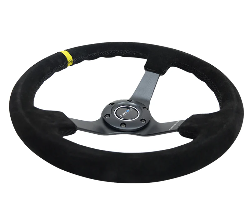 NRG Reinforced Steering Wheel (350mm / 3in. Deep) Blk Suede/X-Stitch w/5mm Blk Spoke & Yellow CM - Image 5