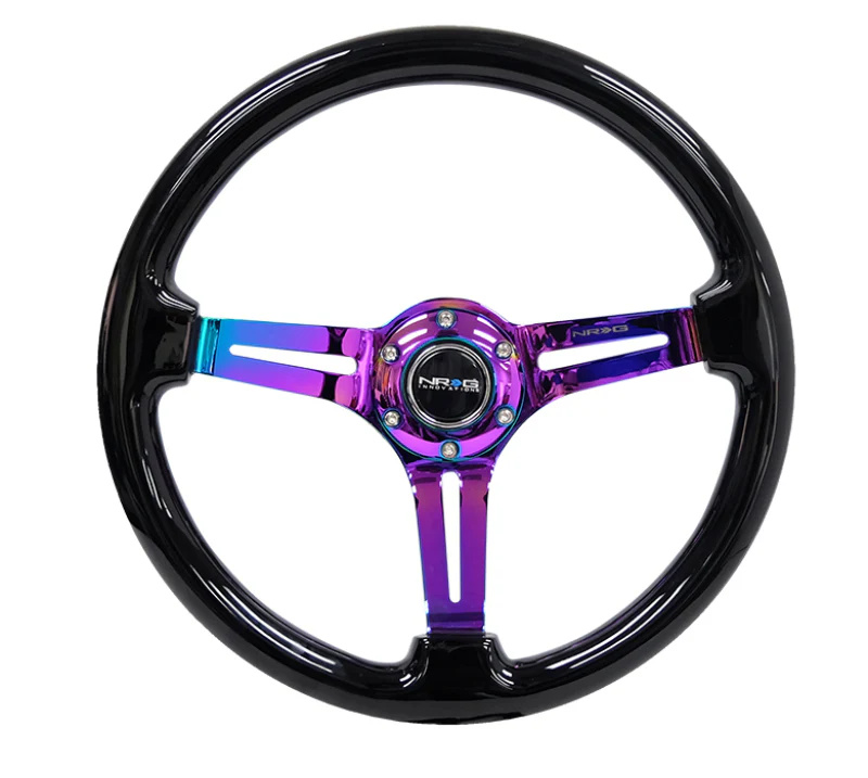 NRG Reinforced Steering Wheel (350mm / 3in. Deep) Blk Wood w/Blk Matte Spoke/Neochrome Center Mark - Image 2