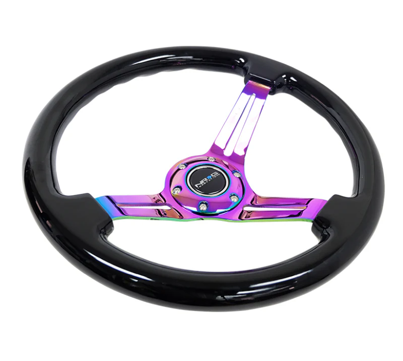 NRG Reinforced Steering Wheel (350mm / 3in. Deep) Blk Wood w/Blk Matte Spoke/Neochrome Center Mark - Image 3