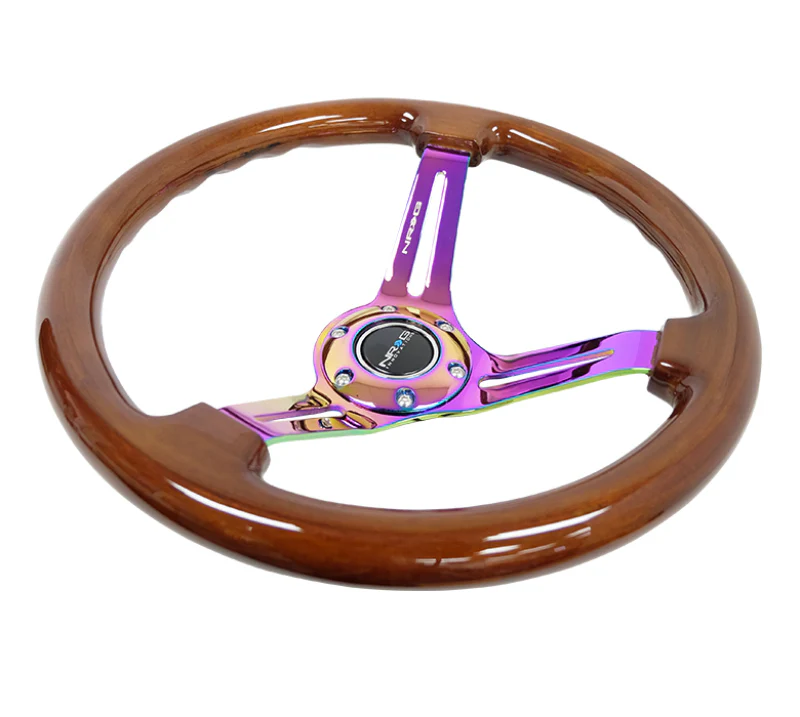 NRG Reinforced Steering Wheel (350mm / 3in. Deep) Brown Wood w/Blk Matte Spoke/Neochrome Center Mark - Image 2