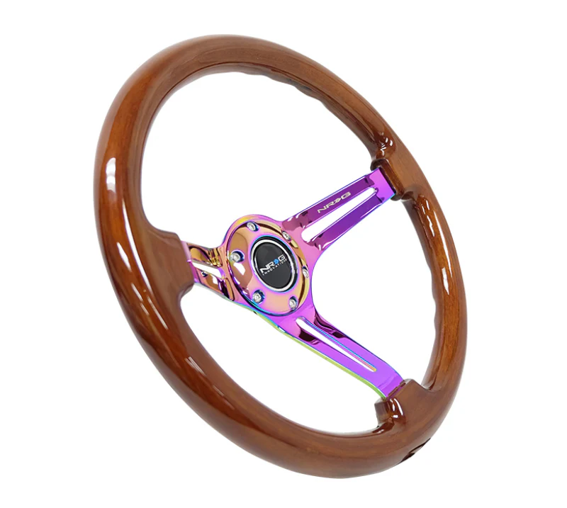 NRG Reinforced Steering Wheel (350mm / 3in. Deep) Brown Wood w/Blk Matte Spoke/Neochrome Center Mark - Image 3