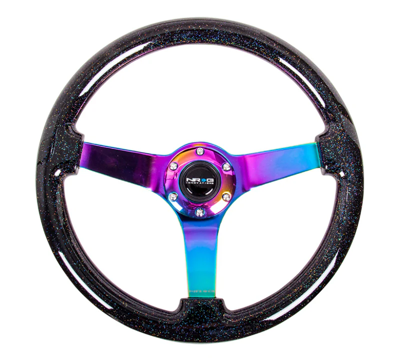 NRG Reinforced Steering Wheel (350mm / 3in. Deep) Classic Blk Sparkle w/4mm Neochrome 3-Spoke Center - Image 2