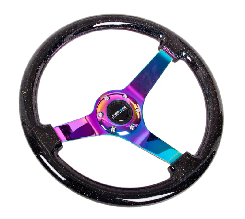 NRG Reinforced Steering Wheel (350mm / 3in. Deep) Classic Blk Sparkle w/4mm Neochrome 3-Spoke Center - Image 3