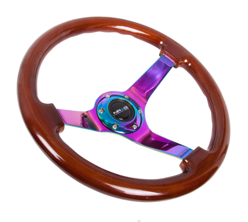 NRG Reinforced Steering Wheel (350mm / 3in. Deep) Classic Dark Wood w/4mm Neochrome Solid 3-Spoke - Image 2