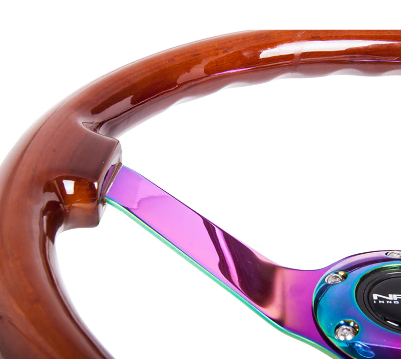 NRG Reinforced Steering Wheel (350mm / 3in. Deep) Classic Dark Wood w/4mm Neochrome Solid 3-Spoke - Image 3