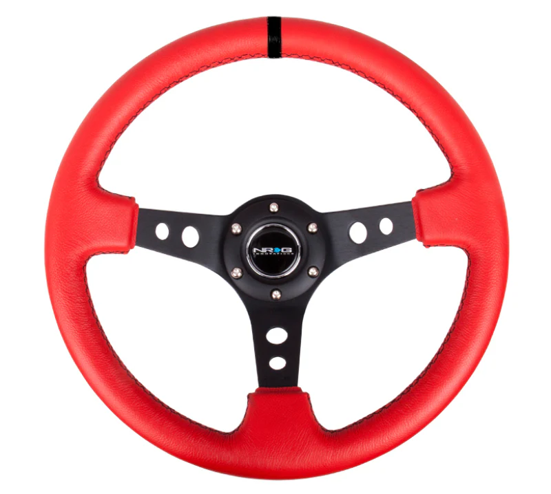 NRG Reinforced Steering Wheel (350mm / 3in. Deep) Red Suede w/Blk Circle Cutout Spokes - Image 2