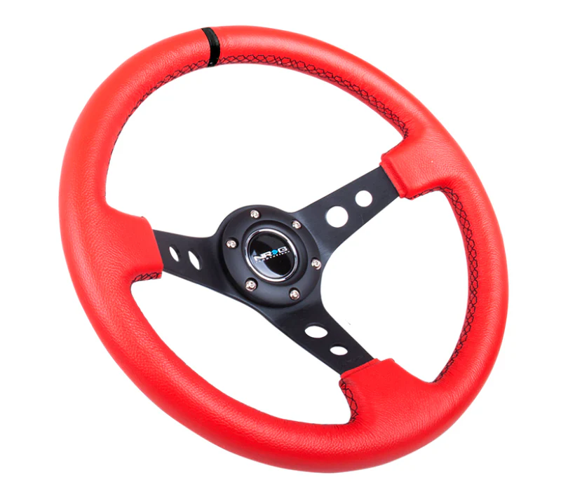 NRG Reinforced Steering Wheel (350mm / 3in. Deep) Red Suede w/Blk Circle Cutout Spokes - Image 3