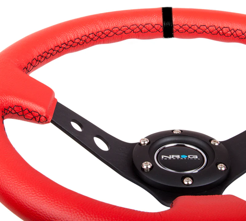 NRG Reinforced Steering Wheel (350mm / 3in. Deep) Red Suede w/Blk Circle Cutout Spokes - Image 4