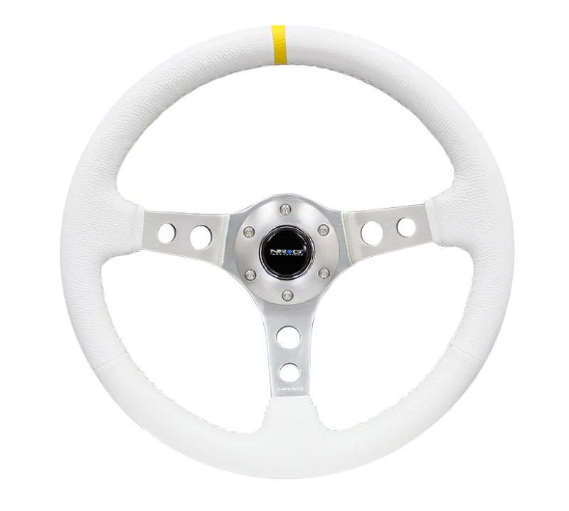 NRG Reinforced Steering Wheel (350mm / 3in. Deep) Wht Leather w/Silver Spoke & Single Yellow Mark - Image 2