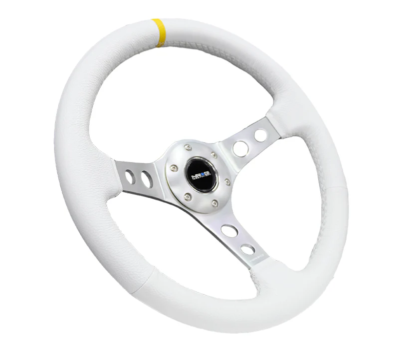 NRG Reinforced Steering Wheel (350mm / 3in. Deep) Wht Leather w/Silver Spoke & Single Yellow Mark - Image 3