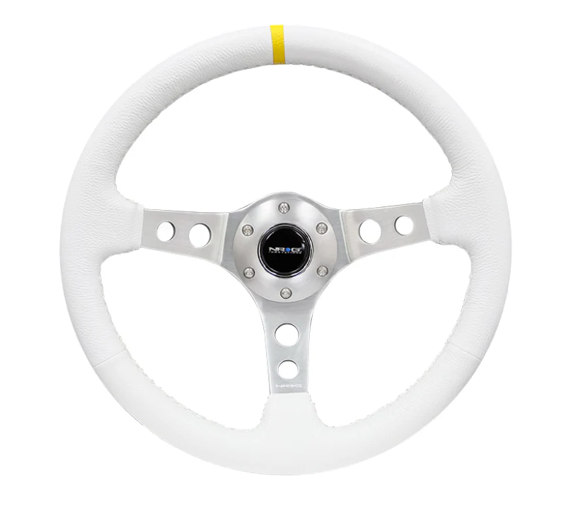 NRG Reinforced Steering Wheel (350mm / 3in. Deep) Wht Leather w/Silver Spoke & Single Yellow Mark - Image 4