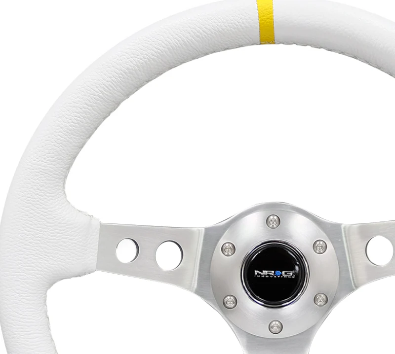 NRG Reinforced Steering Wheel (350mm / 3in. Deep) Wht Leather w/Silver Spoke & Single Yellow Mark - Image 5