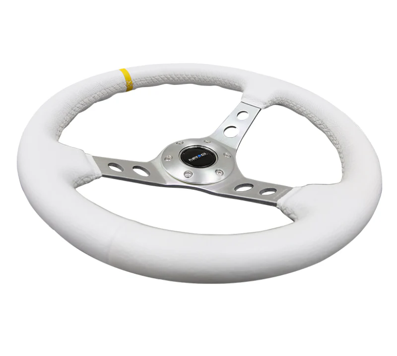 NRG Reinforced Steering Wheel (350mm / 3in. Deep) Wht Leather w/Silver Spoke & Single Yellow Mark - Image 7