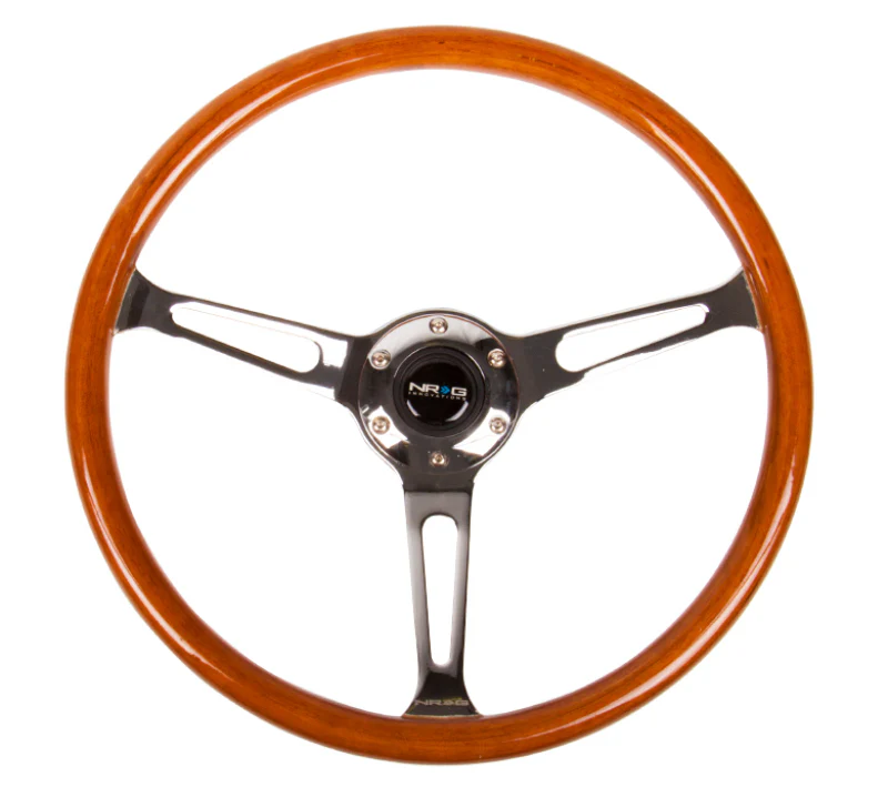 NRG Reinforced Steering Wheel (360mm) Classic Wood Grain w/Chrome Cutout 3-Spoke Center - Image 2