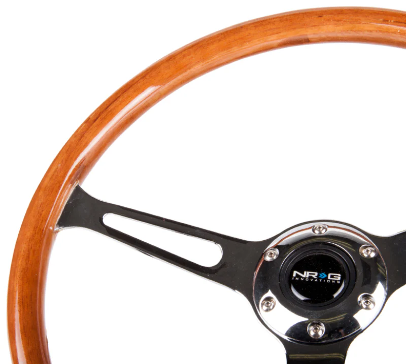 NRG Reinforced Steering Wheel (360mm) Classic Wood Grain w/Chrome Cutout 3-Spoke Center - Image 3