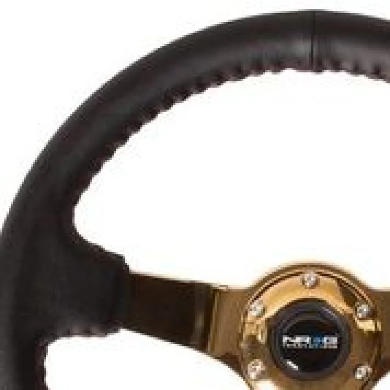 NRG Reinforced Steering Wheel (3in Deep / 4mm) 350mm Blk Leather w/Red BBall Stitch & Gold Spoke - Image 2