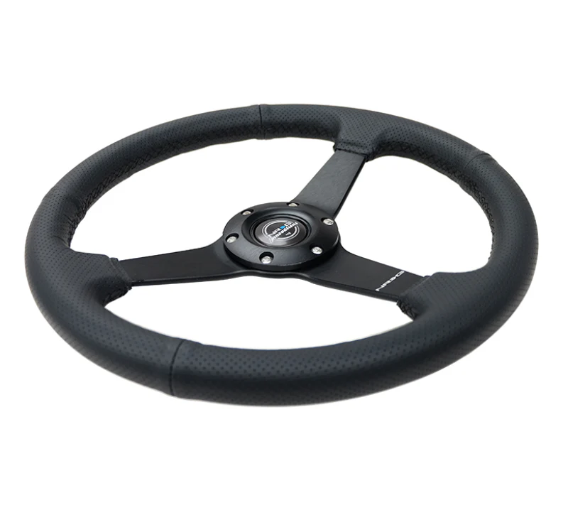 NRG Sport Steering Wheel (350mm / 1.5in Deep) Black Leather Black Stitch w/Matte Black Solid Spokes - Image 2