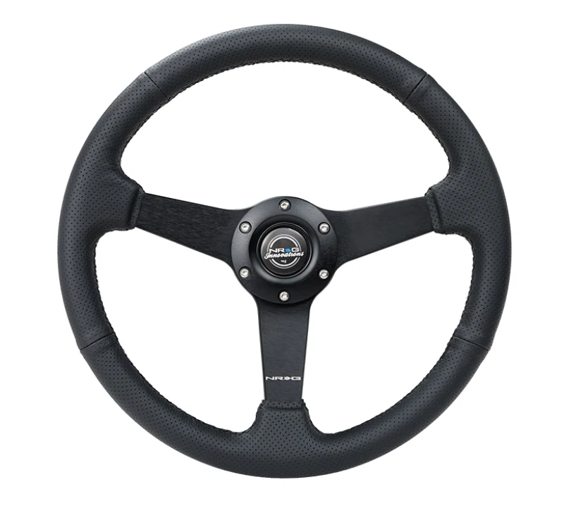 NRG Sport Steering Wheel (350mm / 1.5in Deep) Black Leather Black Stitch w/Matte Black Solid Spokes - Image 3
