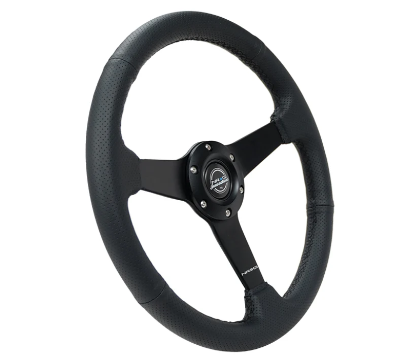 NRG Sport Steering Wheel (350mm / 1.5in Deep) Black Leather Black Stitch w/Matte Black Solid Spokes - Image 4